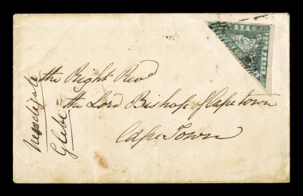 S.G. 14b, 1861 4p Pale bright blue Wood Block, an impressively margined single with large to huge margins all around, tied by black triangular cancellation to cover from
Plettenbergs Bay to Cape Town, Plettenbergs BayAp 91861 red oval ha