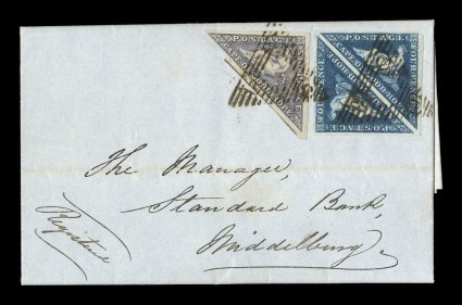 S.G. 19, 1864 4p Deep blue, a lovely square pair, used in combination with Perkins Bacon 6p Slate lilac single on an immaculate 1864 folded registered letter from the South
African Central Bank in Graaf Reinet, addressed to Middelburg, both the