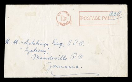 S.G. MP7, 1932 A.S.R. manuscript and red boxed Postage Paid provisional, the unique cover addressed to the Mandeville Post Office, Jamaica, bearing the initials A.S.R., with
boxed Kingston Postage Paid December 7 machine cancel in red al