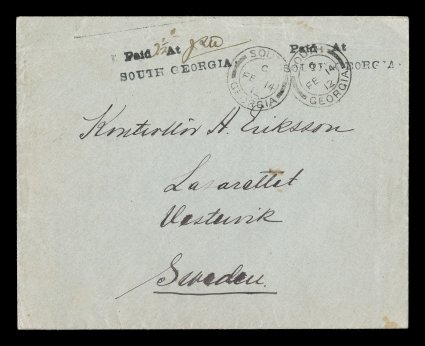 S.G. PH4, 1912 Paid At South Georgia provisional handstamp, Heitz type 1c, with large A of At and with rarely seen manuscript J.I.W. initials (James Innes Wilson, Assistant
Postmaster at South Georgia) and 2 12p rate, two choice impre