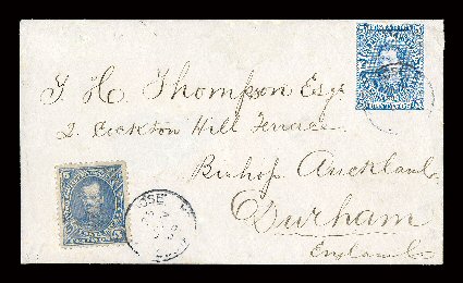 18, 1883 5c Blue violet, two scarce covers showing the single and double foreign rates, one is a single example on the 5c Blue entire to England tied by San Jose 25 Jun 86
c.d.s., with this reportedly being the earliest known usage of the 5c