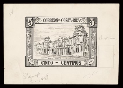 117P-20P, 1923-26 1c-5c Pictorials, production file, consisting of enlarged artists drawings for the four denominations on thin card, a 2c small die proof on India and nine
original photographs or postcards from which this issue was derived, fi