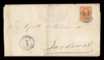 66, 1889 5c Orange, tied by Liberia in violet oval pmk. on folded cover to San Jose, Liberia18 JanCosta Rica c.d.s. in black, violet handstamp of the Guanacaste government at
top, cover faults including some light toning, fine appearance.