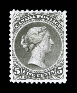 Unitrade 26iv, 1875 5c Olive green, perf. 11 34 x 12, scarce unused example, well centered and fresh, regummed, very fine for this 2001 Greene Foundation certificate (Unitrade
C$2,000.00).