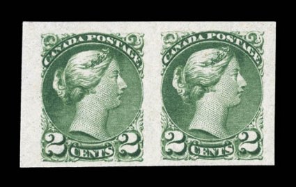 36a, 1872 2c Green, imperforate, Ottawa printing, left sheet-margin horizontal pair, other margins full to mostly large, rich color, o.g., lightly hinged, very fine (Unitrade
36iii C$900.00).