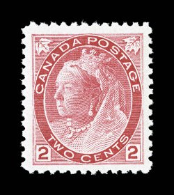 77, 1899 2c Carmine, Die I, Numeral, select mint single, exceptionally well centered within lavish margins, bright and fresh, o.g., n.h., extremely fine (Unitrade
C$180.00).