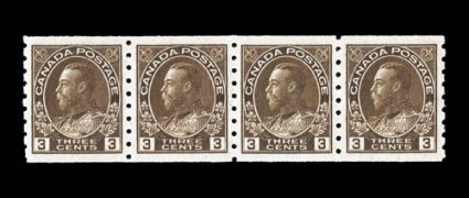 129, 1918 3c Brown Admiral, perf. 8 vertical coil, wet printing, highly select strip of four, remarkably well centered and margined, deep prooflike color and impression, o.g.,
n.h., extremely fine (Unitrade C$500.00).