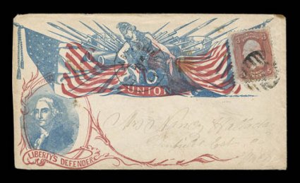 George Washington, Liberty, Flags and Cannons extensive design in blue and red (Walcott 31), 3c Rose (65) tied by grid and matching Elizabethtown, Ky. c.d.s. on cover to
Michigan, just slightly reduced at left, tiny stain at extreme top right,