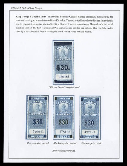 Canada Federal Law Stamp exhibit collection offered intact on 48 neatly written up exhibition pages, these are the issues for the Supreme Court (Van Dam FSC131), includes
unused, used, multiples and sixteen documents, with nearly all of the rar