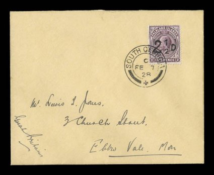 52, 1928 2 12D Provisional surcharge, fresh single tied to an immaculate cover addressed to Wales by a superb strike of South GeorgiaFeb 728 double ring first day c.d.s., a
very fine and choice cover in every respect only a handful o