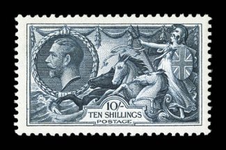 181, 1919 10- Blue, Bradbury, Wilkinson printing, deep intense color and impression, very well centered, o.g., never hinged, extremely fine and exceptionally choice (S.G. 417
for hinged £375).