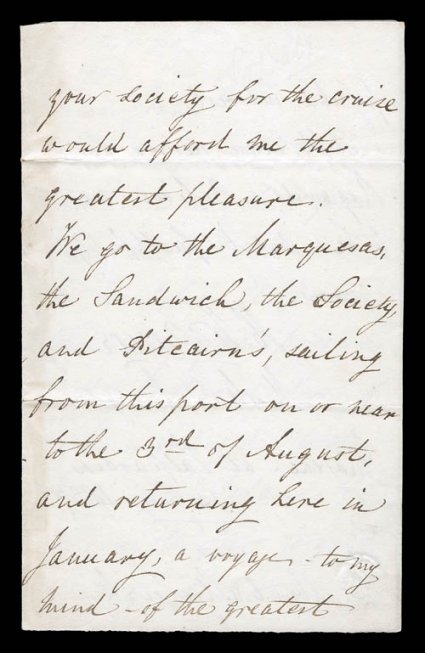 July 23, 1837 whaling related letter mentioning Pitcairn Island, small four page letter written by a seaman while in Valparaiso, Chile offering to share his cabin on a voyage
that will take them to the Marquesas, the Sandwich, the Society and Pi