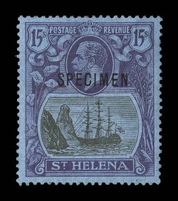 79S-94S, 1922 12p to 15- Badge of Colony, watermark Script CA, with Specimen overprints cplt., strong bright colors, o.g., except 1p and 1- no gum, 2p, 6p and 2- with faults,
otherwise fine-very fine a scarce specimen set (S.G. 97s-113s £