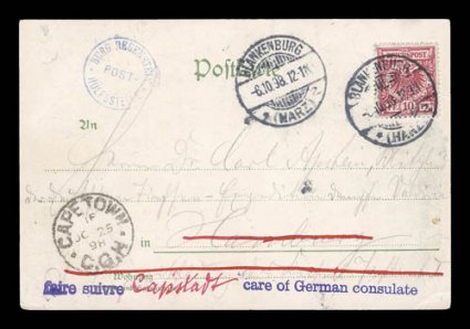 1898-99 German Deep Sea Expedition, four items related to the German Expedition of the Antarctic by the S.S. Valdivia, includes two 1895 Seychelles postal cards written by Dr.
Auguste Brauer of Berlin University on his visit before the deep s