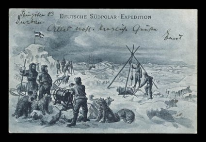 1901-03 German Gauss Antarctic Expedition, 1903 expedition post card franked with Natal 1p adhesive and tied by Durbin Ju 51903 c.d.s., written by expedition member Emil
Kuhnert to Germany, posted on the return trip in 1903, trivial corner