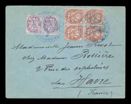 Kerguelen Island 1909 cover to Le Havre, franked with France horizontal pair of the 2c and a 3c block of four of the Liberty stamps, tied by two excellent strikes of Residence
de FranceIles Kerguelen type I Resident Administrator cachets i