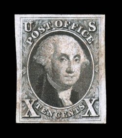 2, 10c Black, position 2L, showing a partial doubling of the top frame line, full to mostly large margins all around, fine impression, light red cancel, extremely fine 2007 PF
certificate (VF-XF 85 SMQ $1,650.00).