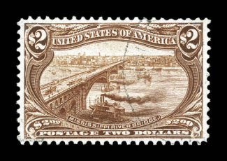 293, $2.00 Trans-Mississippi, an especially choice used single, being wonderfully well centered within wide margins, lovely rich color and impression, light c.d.s. postmark
which is most uncharacteristic of this value (most have heavy registry c