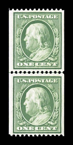 348, 1c Green coil, perf. 12 horiz., guide line pair, wonderfully bright and fresh, well centered, o.g., n.h., very fine and choice 1999 PF certificate.