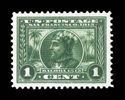 397, 1c Panama-Pacific, exceptionally well centered within wide margins, deep rich color and a well incised impression, o.g., n.h., extremely fine 2008 PSE certificate
(XF-Superb 95 SMQ $370.00).