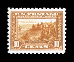 404, 10c Panama-Pacific, perf. 10, a gem mint example of this scarce and popular commemorative, possessing outstanding centering amid extravagantly large margins which are most
uncharacteristic, even its color is more intense and radiant than us