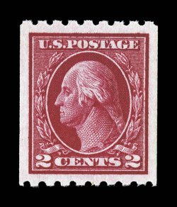 411, 2c Carmine coil, Ty. I, perf. 8 12 horiz., an essentially perfect mint single, flawlessly centered within the largest margins possible for a genuine coil, dazzling color
that is incredibly deep and intense, immaculate o.g., n.h., superb