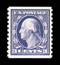 445, 3c Violet flat plate coil, perf. 10 vert., premium quality mint single of this scarce coil, incredibly well centered within very large margins, gorgeous intense color and
a crisp detailed impression on bright paper, o.g., n.h., light finger