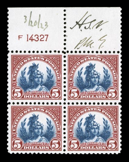 573a, $5.00 Carmine lake and dark blue, top margin plate no. F14327 block of four, signed by P.M.G. Harry New (H.S.N) in the selvage, with pencil date 32023 - the first day of
issue, stamps are well centered and with deep rich colors,