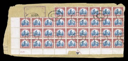 573, $5.00 Carmine and blue, used bottom left corner margin block of 33 tied to piece, rich colors, muted oval registry cancel, small piece out of bottom selvage and a few
minor wrinkles as expected, otherwise fine-very fine among the largest u