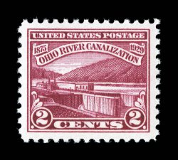 681a, 2c Ohio River, Lake shade, a most impressive mint example of this rarely offered color variety, which is listed but not priced in Scott, exceptionally well centered amid
lavish margins, brilliantly fresh, o.g., n.h., natural gum skips, ext