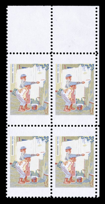 1470b, 8c Tom Sawyer, red and black omitted, top right corner sheet-margin block of four of this visually striking and rare missing color error, quite well centered, o.g.,
n.h., very fine cataloged simply as four singles.