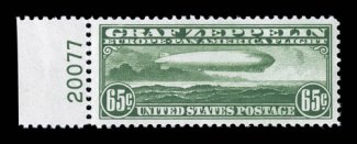 C13, 65c Graf Zeppelin, left sheet-margin plate no. 20077 single, exceptionally well centered and margined, brilliantly fresh, o.g., n.h., light natural gum skip across length
of stamp, extremely fine clear 2000 PF certificate for a block of fo