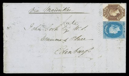 1860 (10 May) entire letter from Kotmalie to Edinburgh, marked Via Marseilles, bearing 1d. deep turquoise-blue (cut-into at top and at foot) and 8d. brown of superb color (very
close at top), both neatly tied by light oval of bars, showing