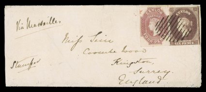1860 (10 Jan.) neat envelope (slightly strengthened) from Colombo to Surrey, marked Via Marseilles, bearing 4d. dull rose with large margins and lovely deep color, and 6d.
purple-brown with good to large margins, crisply cancelled by oval o