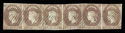 6d. purple-brown, two horizontal strips of three, joined to form a severed strip of six, all lightly cancelled, a little cut-into in places. The largest recorded multiple. Sc. 2
S.G. 1. provenance: Baron de Worms, June 1938 Sir Ernest de