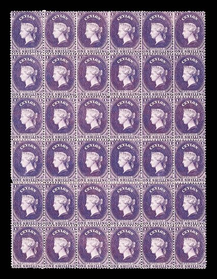 1- reddish violet, a brilliant mint block of thirty-six (6x6), a few perfs slightly severed and a horizontal gum crease through one row and lower left corner, but magnificent
appearance. Sc. 57 S.G. 71b. provenance: M. Burrus, April 1963