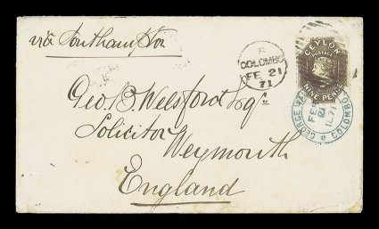 1871 (21 Feb.) envelope ex the Welsford correspondence from Colombo to Weymouth, marked via Southampton, bearing 9d. blackish brown tied by firms circular datestamp in blue and
Colombo duplex and showing, on reverse, clear arrival da