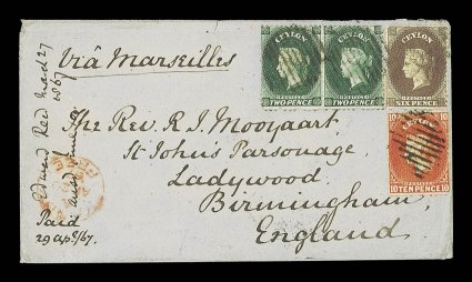 1867 (20 Apr.) double rate envelope ex the Mooyaart correspondence from Kandy to Birmingham, marked Via Marseilles, bearing 2d. grey-green pair, 6d. sepia and 10d. vermilion,
all cancelled by oval of bars, showing very scarce kandy