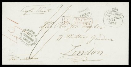 1823 (14 June) entire (210x105mm.) to London, rated 1-, showing a superb Crown framed colombopost paid datestamp (Proud Type PD 4, latest recorded date crossed by light filing
crease), madrasship letter oval d.s. and framed