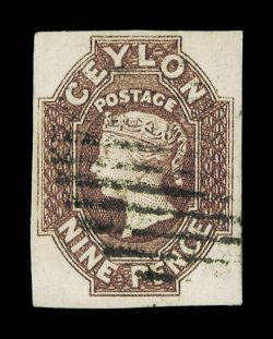 9d. purple-brown, strong color, large margins and centrally cancelled, very fine. A lovely choice example. R.P.S. Certificate (1983). Sc. 9, S.G. 8, £900.