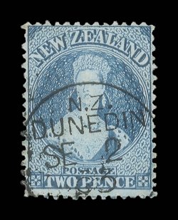 2d. dull deep blue, a particularly well-centered example neatly cancelled with superb Dunedin c.d.s. for 2 September 1863 small thin at top though of superb appearance. Sc. 26
S.G. 96a, £475. Note: A large percentage of these perforated stamp