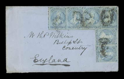 1864 (7 Nov.) envelope from Auckland to Coventry, bearing 2d. pale blue (Plate I, worn) horizontal pair (virtually severed between) with clear to large margins in combination
with perf. 12½ 2d. pale blue (Plate 1, worn) horizontal strip of four,