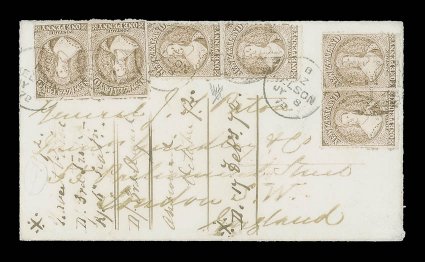 1872 (8 July) envelope from Nelson to London, bearing perf. 12½ 1d. brown horizontal pairs (2) and singles (2) lightly cancelled with c.d.s. and n1 in bars, two London d.s.
(6.9) on reverse the stamps lifted for examination of the waterma