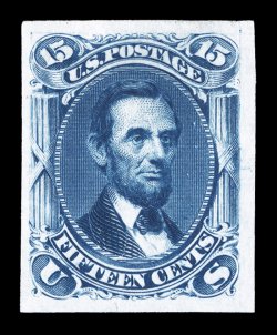 77TC3, 15c Deep blue, trial color plate proof on India, four large to extra-large margins, rich color, extremely fine.