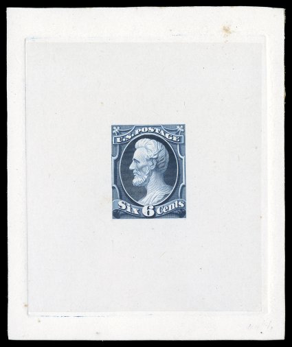 148-E4, 6c Dark black blue, large die essay on India, die state 1, die sunk on card measuring 74x89mm and showing full die sinkage, handsome unadopted frame design in an
especially striking color, trivial tone spot at top right of card only and
