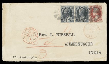 137, 6c Carmine with grill, along with 30c Black with grill (143), a single of the former and a horizontal pair of the latter, which is especially well centered, together they
pay the triple British Mail rate, tied to a famous printed Bissell c