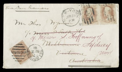 186, 6c Pink, horizontal pair, tied to 1881 cover to Melbourne, Australia, then forwarded to Sydney by New-YorkJun 25 81 duplex numeral postmarks, sent via San Francisco, upon
arrival in Melbourne the cover was forwarded to Sydney with Vi