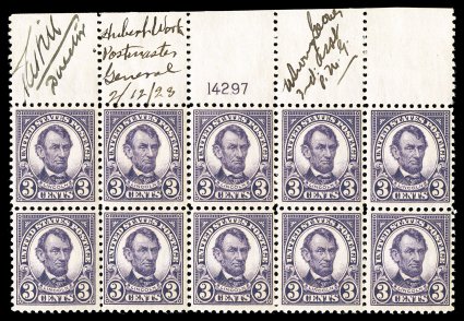 555, 3c Violet, full top margin plate no. 14297 block of ten, signed in the top selvage by B.E.P. Director Louis A. Hill, 3rd Assistant P.M.G. W. Irving Glover and Postmaster
General Hubert Work who dated his autograph 21223, the first day o