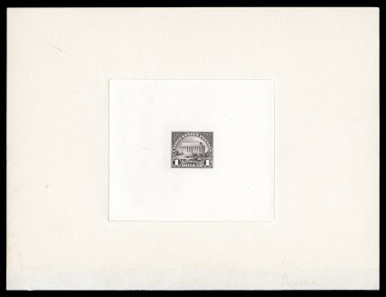 571P1, $1.00 Violet brown, large die proof on India, die sunk on large card measuring 197x150mm, taken from a special presentation book, as evidenced by a bit of the linen
binding hinge affixed at the bottom edge, minute edge tear at left edge o