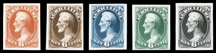 O4TCO86TC, 6c Lincoln design officials, Atlanta trial color plate proofs on card, complete set of all five colors for each of the Departments that issued a 6c Lincoln stamp
(Agriculture, Executive, Interior, Justice, Navy, State, Treasury and